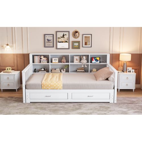 Lit Extensible Bois Massif 90/180x190 Cm Avec Tiroirs Sommier Prises Latérales Blanc