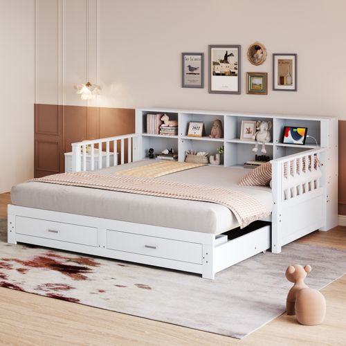 Lit Extensible Bois Massif 90/180x190 Cm Avec Tiroirs Sommier Prises Latérales Blanc