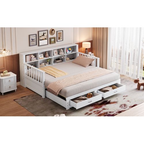 Lit Extensible Bois Massif 90/180x190 Cm Avec Tiroirs Sommier Prises Latérales Blanc