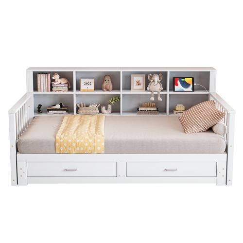Lit Extensible Bois Massif 90/180x190 Cm Avec Tiroirs Sommier Prises Latérales Blanc