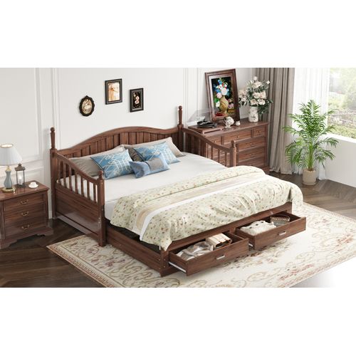 Lit Extensible Bois Massif 90/180x190 Cm Colonnes Romaines Dossier Courbé Tiroirs Noyer