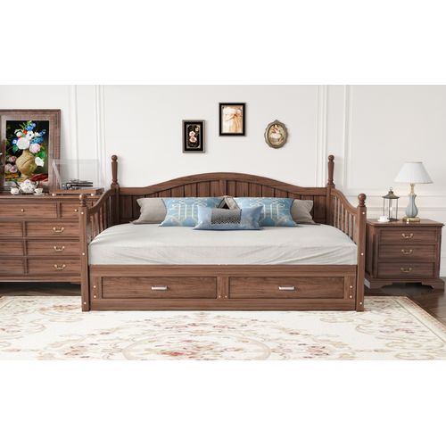 Lit Extensible Bois Massif 90/180x190 Cm Colonnes Romaines Dossier Courbé Tiroirs Noyer