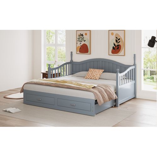 Lit Extensible Bois Massif 90/180x190 Cm Colonnes Romaines Dossier Courbé Tiroirs Gris