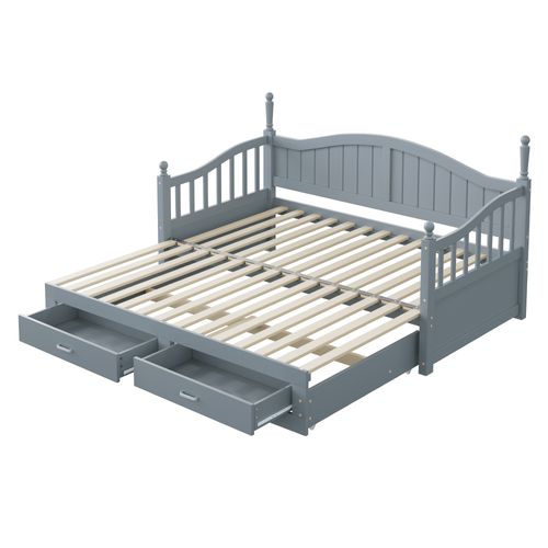 Lit Extensible Bois Massif 90/180x190 Cm Colonnes Romaines Dossier Courbé Tiroirs Gris