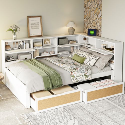 Canapé-lit 140x200 Cm Avec Tiroir Nombreux Rangements Prise USB Blanc