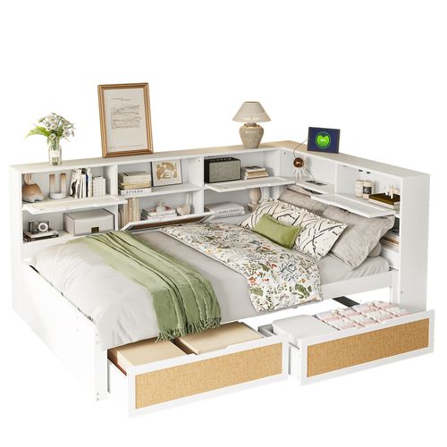 Canapé-lit 140x200 Cm Avec Tiroir Nombreux Rangements Prise USB Blanc