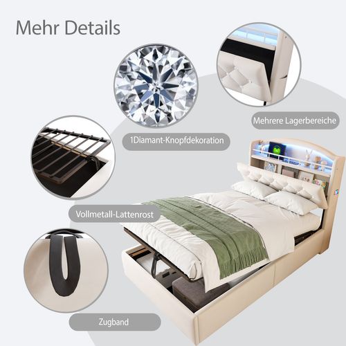 Lit Enfant 90x200 Velours Multimédia Avec Rangement LED USB Beige