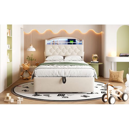 Lit Enfant 90x200 Velours Multimédia Avec Rangement LED USB Beige