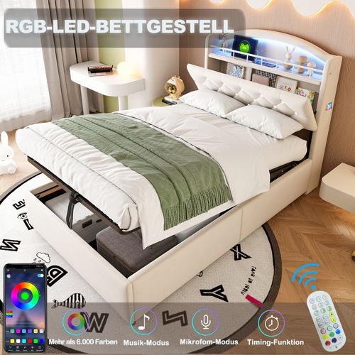 Lit Enfant 90x200 Velours Multimédia Avec Rangement LED USB Beige