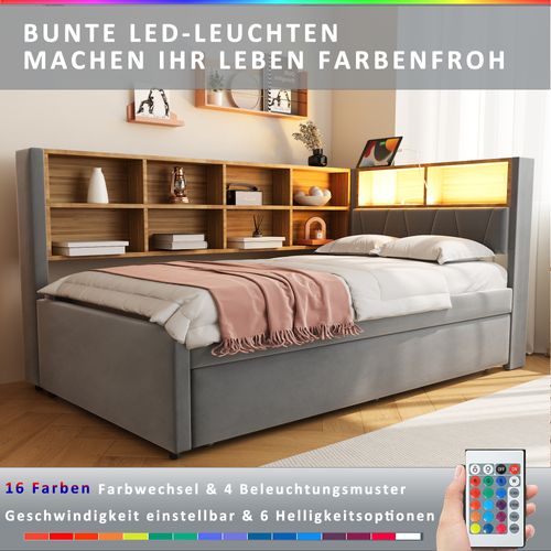 Lit Tapissé 90x200 Cm Lit Tiroir 90x190 LED Prises Rangements Flanelle Gris Foncé