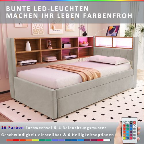 Lit Tapissé 90x200 Cm Lit Tiroir 90x190 LED Prises Rangements Flanelle Gris Clair