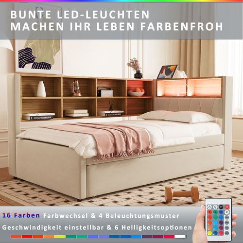 Lit Tapissé 90x200 Cm Lit Tiroir 90x190 LED Prises Rangements Flanelle Beige