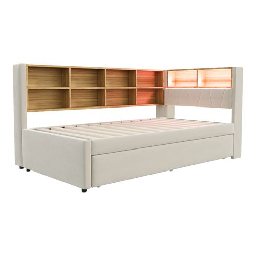 Lit Tapissé 90x200 Cm Lit Tiroir 90x190 LED Prises Rangements Flanelle Beige