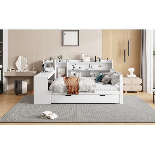 Canapé-lit Bois Massif 140x200 Cm Bureau Étagères Prises Lit Tiroir Double Blanc