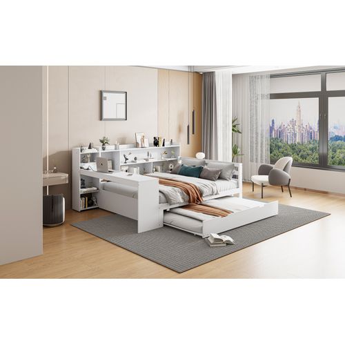 Canapé-lit Bois Massif 140x200 Cm Bureau Étagères Prises Lit Tiroir Double Blanc