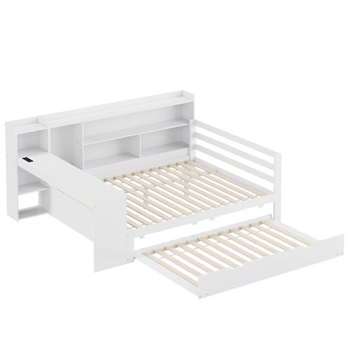 Canapé-lit Bois Massif 140x200 Cm Bureau Étagères Prises Lit Tiroir Double Blanc