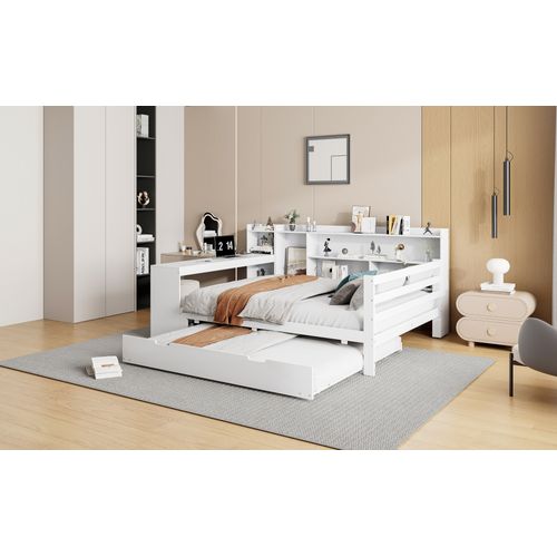 Canapé-lit Bois Massif 140x200 Cm Bureau Étagères Prises Lit Tiroir Double Blanc