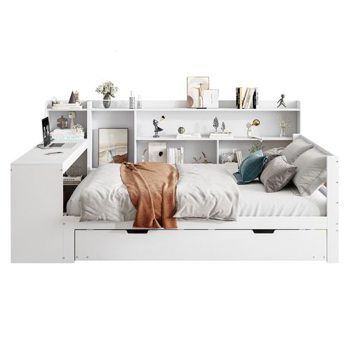 Canapé-lit Bois Massif 140x200 Cm Bureau Étagères Prises Lit Tiroir Double Blanc