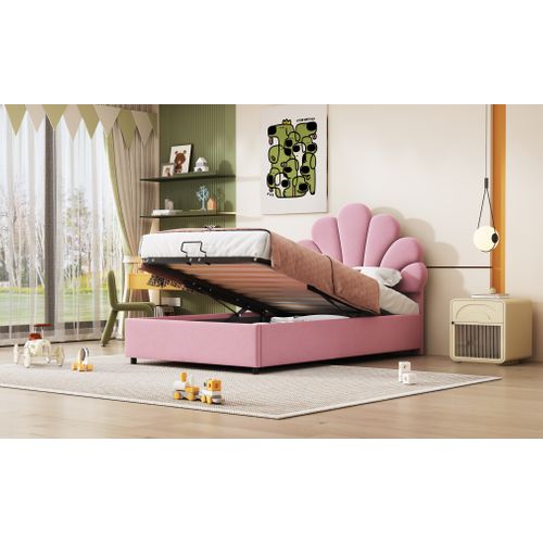 Lit Enfant 90 X 200 Cm En Velours Doux, Avec Tête De Lit Fleurie, Rangement Hydraulique, Rose