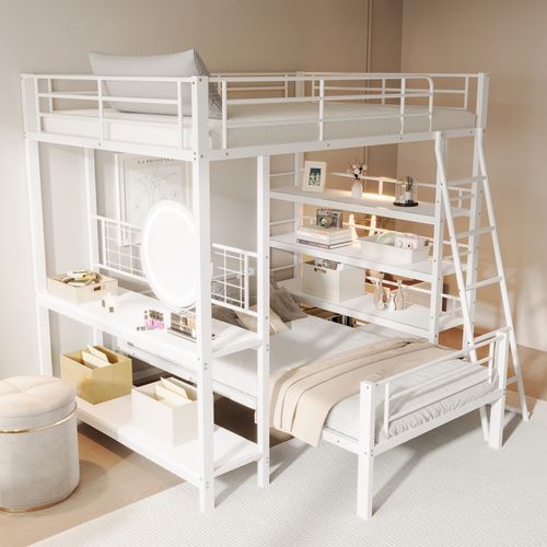 Lit superposé avec structure métallique, 140*200, avec plusieurs compartiments de rangement, blanc