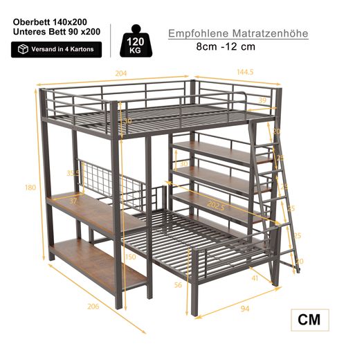 Lit Superposé Bois 90x200 Bureau 2 Tiroirs Auto-rembourré Échelle Structure Lit Enfant
