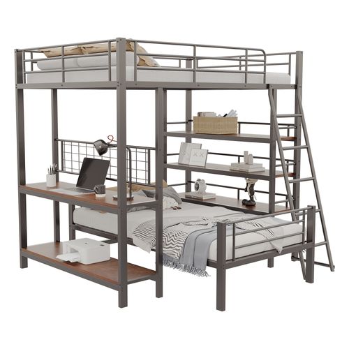 Lit Superposé Bois 90x200 Bureau 2 Tiroirs Auto-rembourré Échelle Structure Lit Enfant