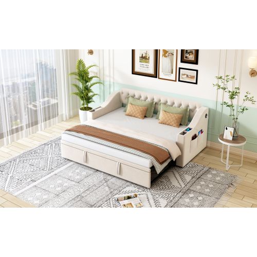 Canapé-lit Tapissé 90/180x190 Cm Accoudoirs Épais USB Étagères Latérales Poches Beige