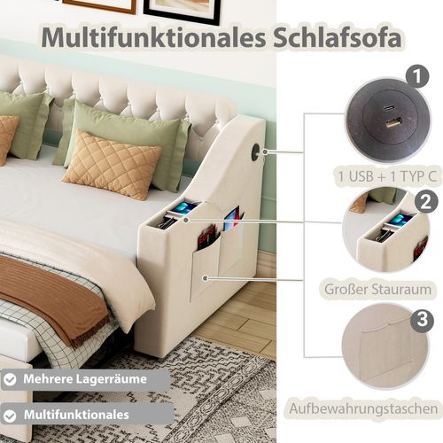 Canapé-lit Tapissé 90/180x190 Cm Accoudoirs Épais USB Étagères Latérales Poches Beige