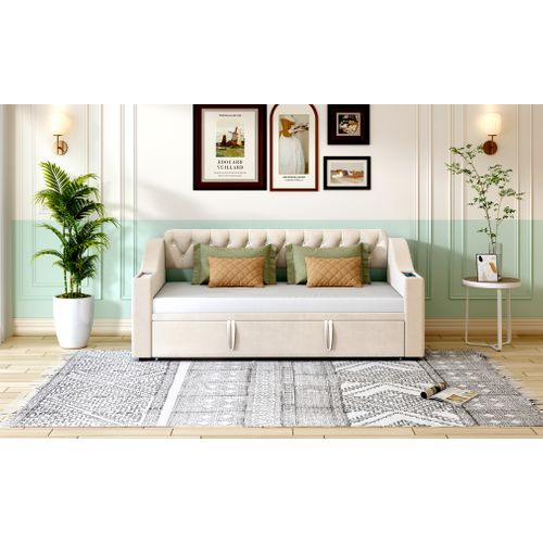 Canapé-lit Tapissé 90/180x190 Cm Accoudoirs Épais USB Étagères Latérales Poches Beige