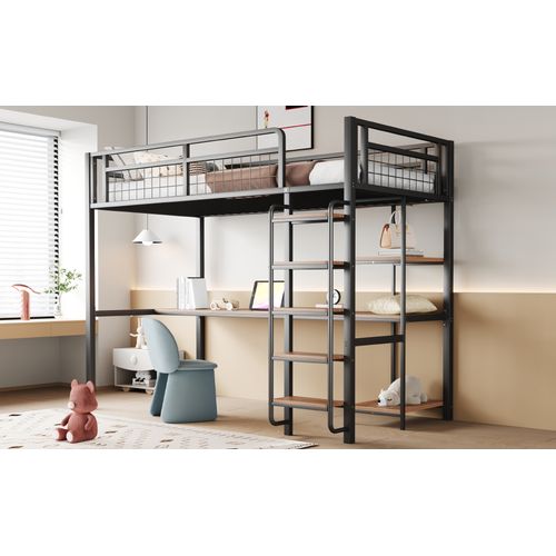 Lit Mezzanine Métal 90x200 Cm Avec Bureau Étagères Rampe Grille Escalier Enfant Noir