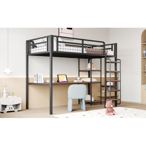 Lit Mezzanine Métal 90x200 Cm Avec Bureau Étagères Rampe Grille Escalier Enfant Noir