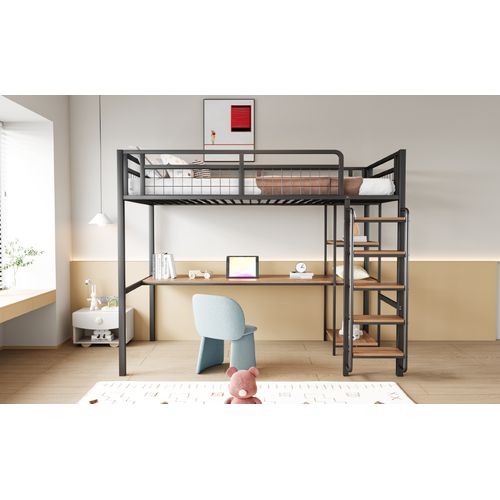 Lit Mezzanine Métal 90x200 Cm Avec Bureau Étagères Rampe Grille Escalier Enfant Noir