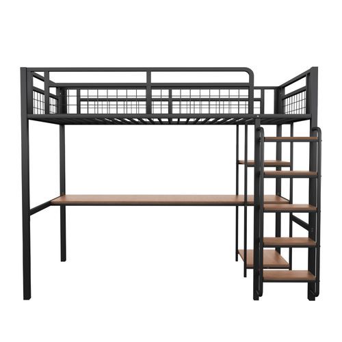 Lit Mezzanine Métal 90x200 Cm Avec Bureau Étagères Rampe Grille Escalier Enfant Noir