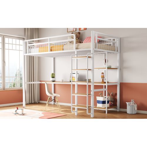 Lit Mezzanine Métal 90x200 Cm Avec Bureau Étagères Rampe Grille Escalier Enfant Blanc