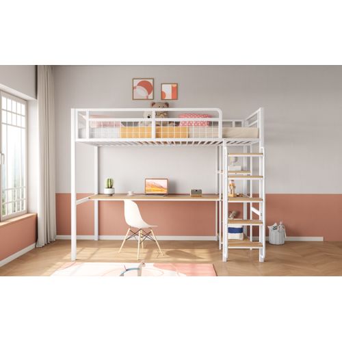 Lit Mezzanine Métal 90x200 Cm Avec Bureau Étagères Rampe Grille Escalier Enfant Blanc