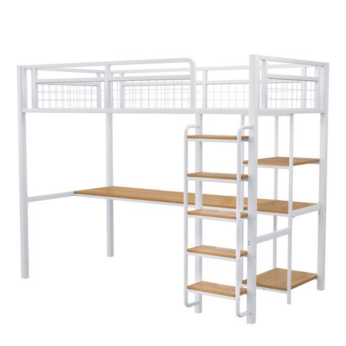 Lit Mezzanine Métal 90x200 Cm Avec Bureau Étagères Rampe Grille Escalier Enfant Blanc