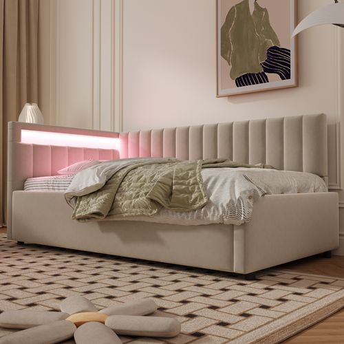 Lit Tapissé 90x200 Cm LED Rangement Hydraulique Design Rayures Tissu Velours Beige