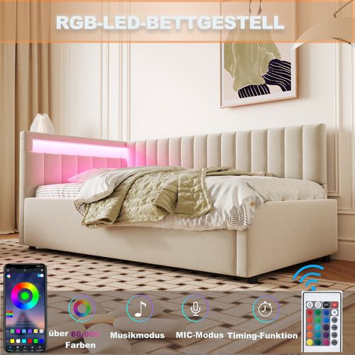 Lit Tapissé 90x200 Cm LED Rangement Hydraulique Design Rayures Tissu Velours Beige