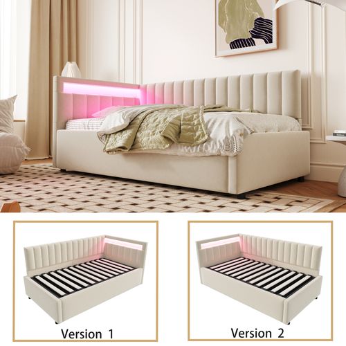 Lit Tapissé 90x200 Cm LED Rangement Hydraulique Design Rayures Tissu Velours Beige