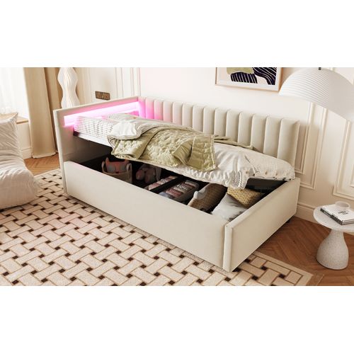 Lit Tapissé 90x200 Cm LED Rangement Hydraulique Design Rayures Tissu Velours Beige