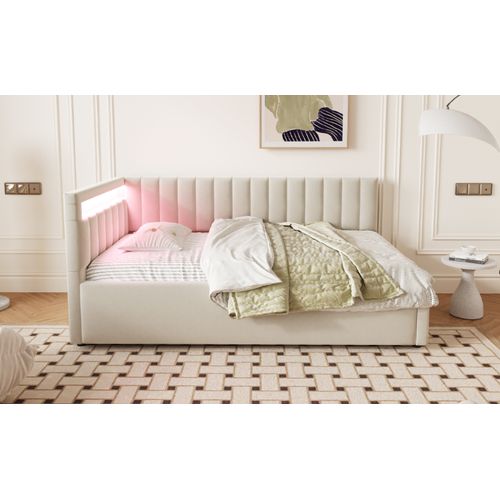 Lit Tapissé 90x200 Cm LED Rangement Hydraulique Design Rayures Tissu Velours Beige