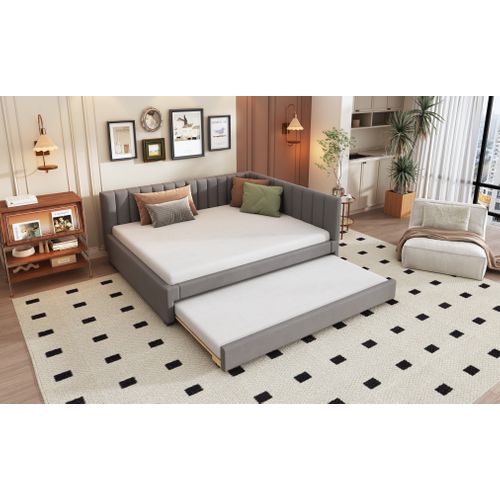 Lit Tapissé 140x200 Cm Canapé Extensible Lit Multifonction Tissu Velours Gris