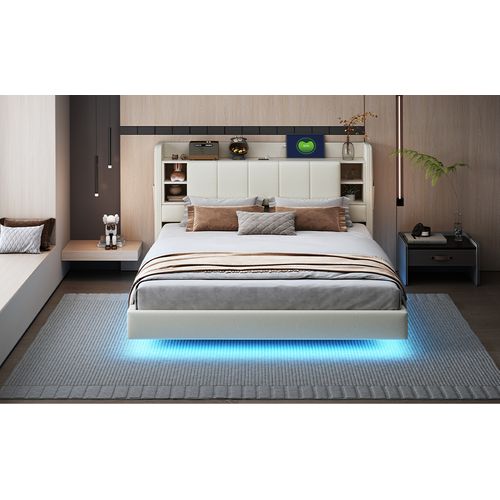 Lit Polster 160 X 200 Cm En Métal Et Tissu Lin, Avec Prise USB, Éclairage, Beige