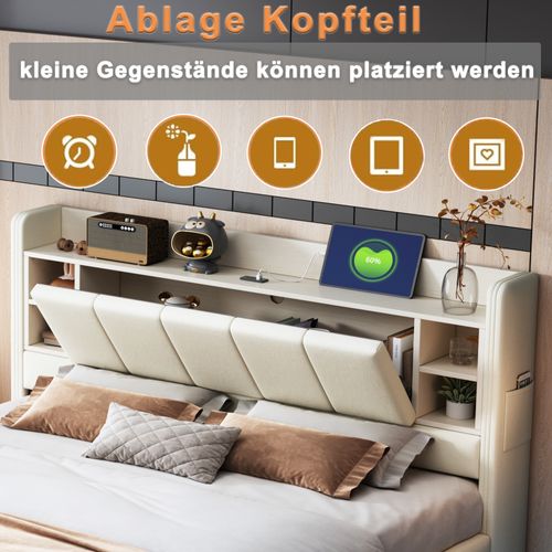 Lit Rembourré 140 X 200 Cm, Cadre En Métal, Tissu En Lin, Avec Prise USB Et Bande LED, Beige