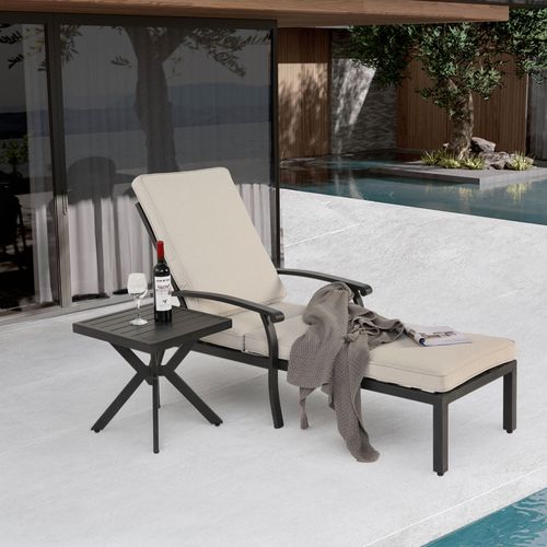 Chaise Longue Lounge En Aluminium Résistant à La Rouille Avec Coussin En Coton, Adjustable, Beige