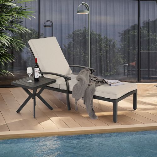 Chaise Longue Lounge En Aluminium Résistant à La Rouille Avec Coussin En Coton, Adjustable, Beige