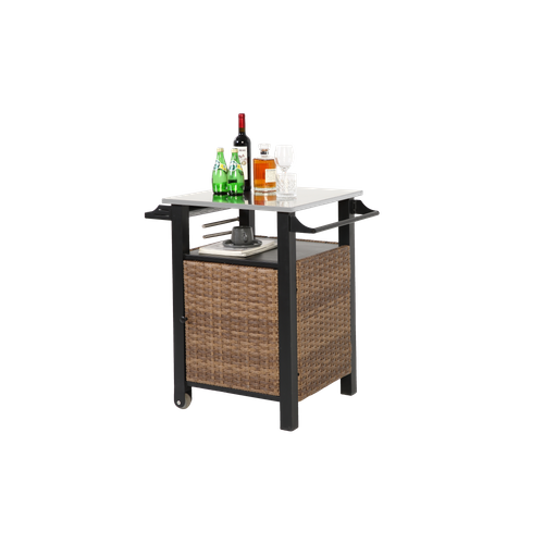 Chariot Bar Rotin Métal 110x50x90cm Extérieur Avec Roues, Table Inox Extensible, Marron
