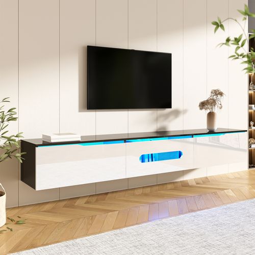 Meuble TV Mdf 180cm Mural LED 16 Couleurs Finition Brillante, Noir Et Blanc