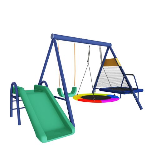 Set De Balançoire Extérieur Multifonction En Plastique Avec Toboggan, Trampoline, Nid