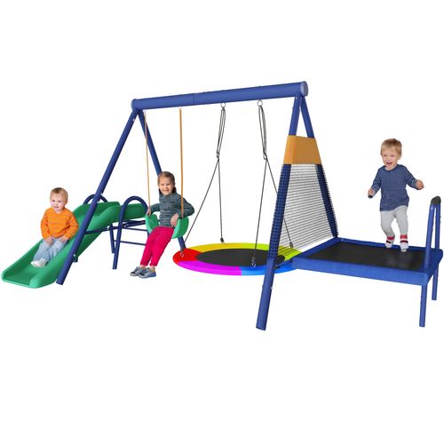 Set De Balançoire Extérieur Multifonction En Plastique Avec Toboggan, Trampoline, Nid